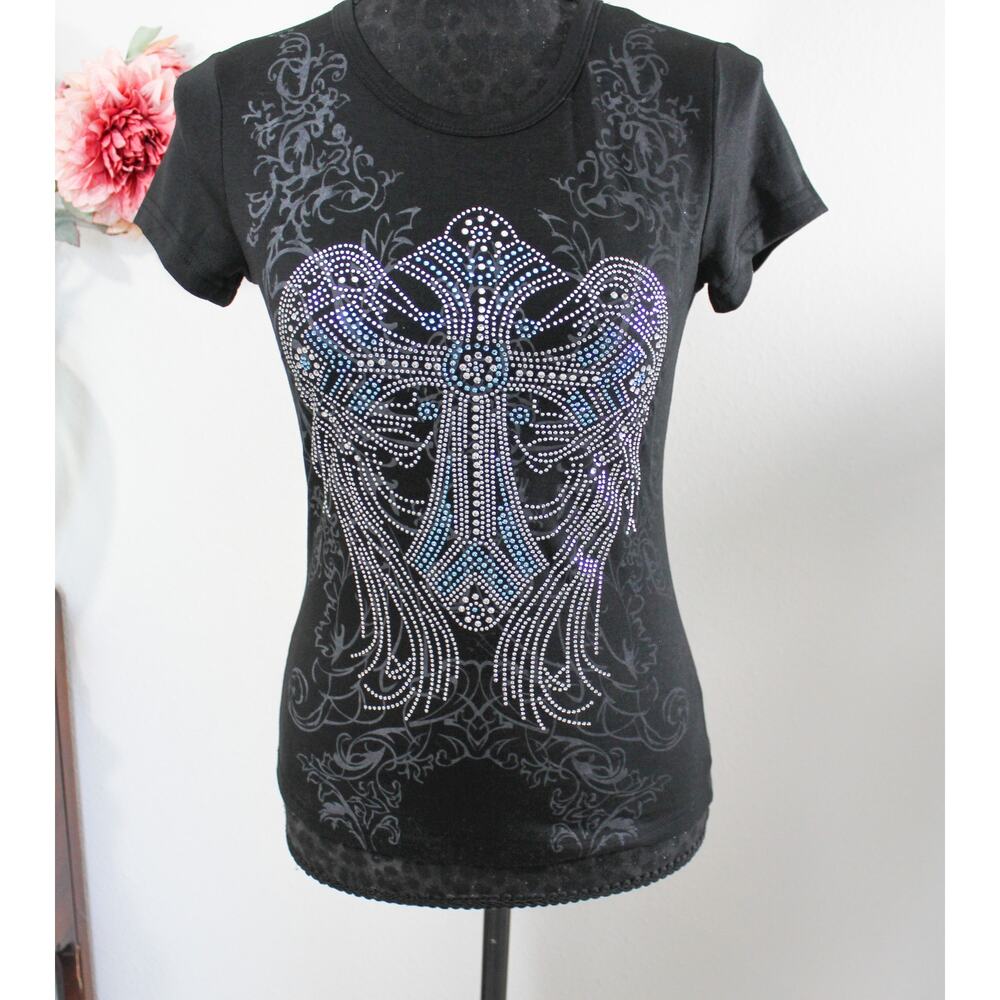 New Y2K Rhinestone Bedazzled Cross Wings Top Women's Small Black Bling Tee